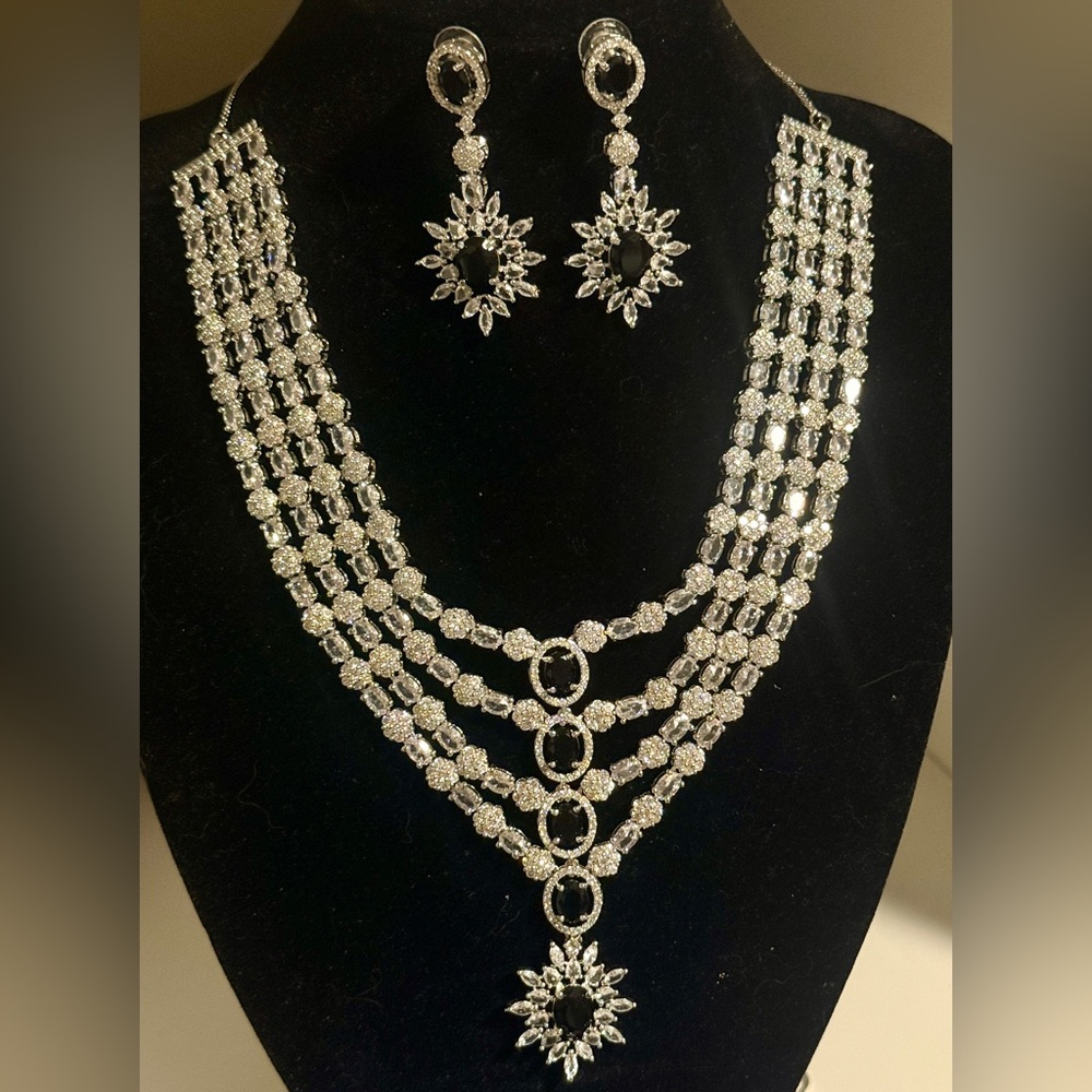 Luxury Pakistani Bridal Jewelry Set Desi Indian Formal CZ Multi Layer Necklace